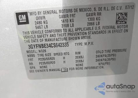 2012 Cadillac Srx Performance Collection z USA, uszkodzony, nr VIN 3GYFNBE34CS642335